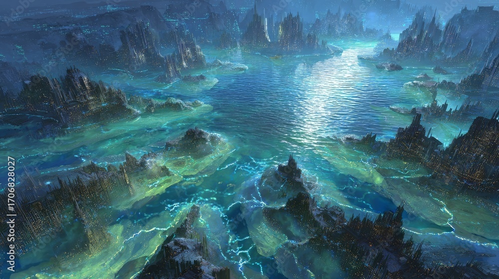 Obraz premium A fantastical landscape with towering mountains and serene water reflecting light,