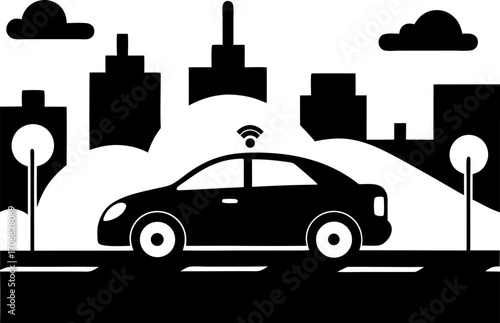 Self Driving Car on Street Silhouette Vector Black