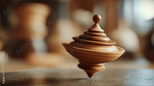 Close up of wooden spinning top gracefully rotating table, showcasing craftsmanship and detail