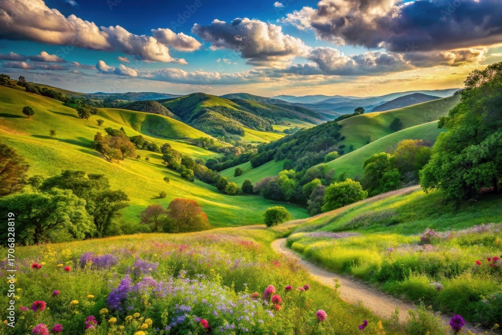 Obraz premium Serene Rolling Hills Landscape with Blooming Wildflowers and a Gentle Winding Path