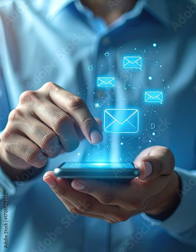 Hands holding a phone with email icons overlayed