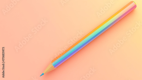 A multicolored rainbow pencil rendered in 3D, positioned diagonally across a pastel peach background with subtle depth of field,