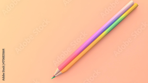 A multicolored rainbow pencil rendered in 3D, positioned diagonally across a pastel peach background with subtle depth of field,