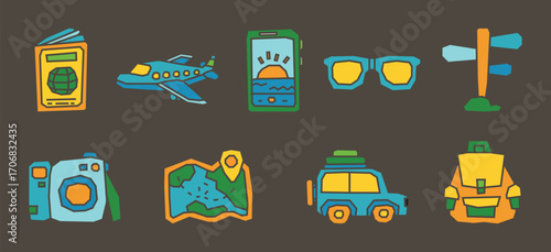 Solid Colorfull Filled Traveling Theme Icon Collection in Cutout and Flat Design