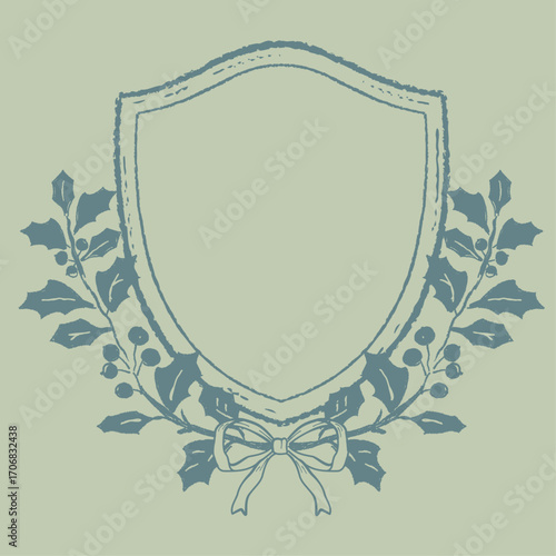 Vintage crest with holly branches, Vector hand drawn design elements for christmas.