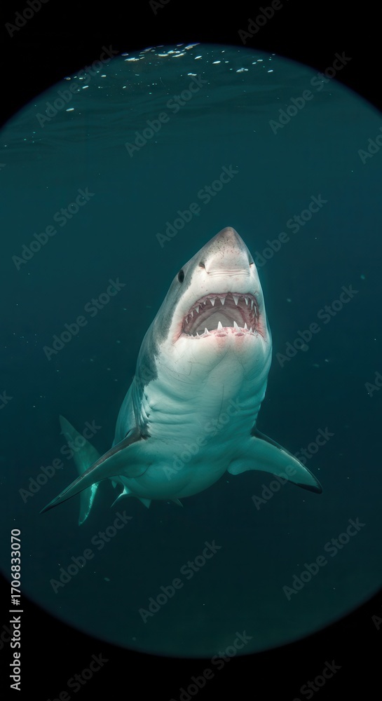 Obraz premium A great white shark, mouth agape, swims in dark, deep ocean water, presenting a powerful, predatory presence.