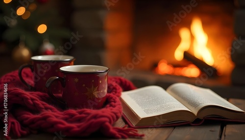 A warm fireplace setting featuring a coffee cup and a book, surrounded by festive holiday decor for a cozy winter vibe