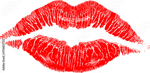 Cartoon vector illustration red lipstick logo kiss imprint mark isolated on white background. Romantic element for love, Valentine’s or beauty design elements