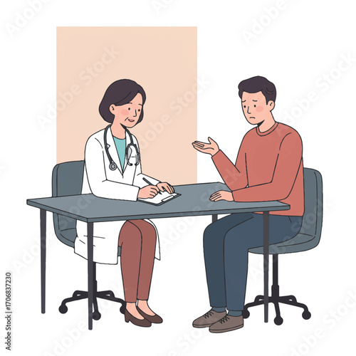 A female doctor in a white coat consults with a male patient who is explaining his symptoms during a medical check-up.