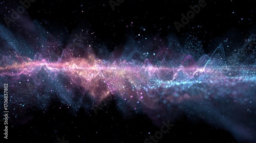 Abstract visualization of vibrant musical soundwaves transitioning from pink to blue and purple against black background