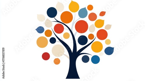 A stylized tree illustration with colorful circular leaves in shades of orange, blue, cream, and yellow, set against a white background.