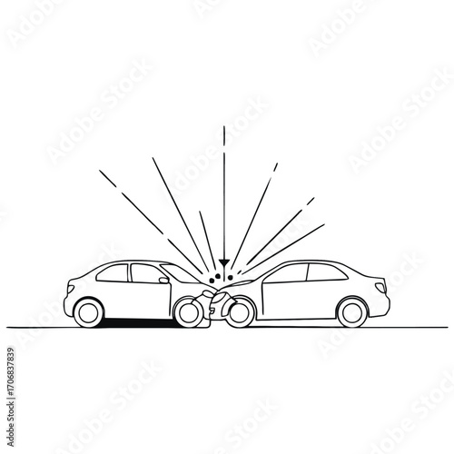 Two cars collide in simple line drawing. Suitable for illustrating auto accidents, insurance, safety, or driving tutorials in a minimalist style.