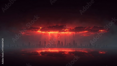 Apocalyptic city skyline silhouetted against a dramatic red sky, ominous atmosphere, desolate urban landscape,