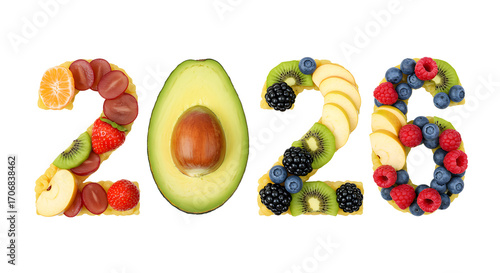 Creative 2026 numbers made with fresh fruits and vegetables on white background, healthy food concept ideal for new year or health campaigns