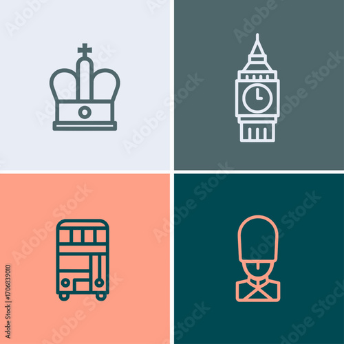 Collection of British Icons Crown, Clock Tower, Double Decker Bus, and Guard