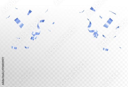 Vector illustration of festive blue confetti and swirling ribbons falling on a transparent background for celebration design