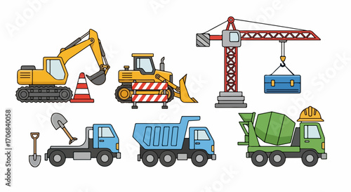 Set of construction site vehicles and heavy equipment for building and development, isolated on a white background