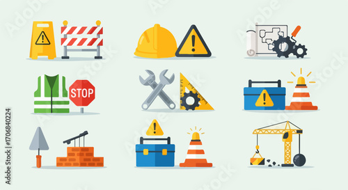 A comprehensive collection of flat design icons representing construction, worksite safety, engineering tools, and building industry symbols