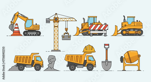 A colorful flat line art icon set of various construction vehicles and heavy machinery for building industry projects