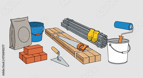 Flat design illustration showcasing a variety of construction tools and building materials. Concept of DIY, renovation and industry work