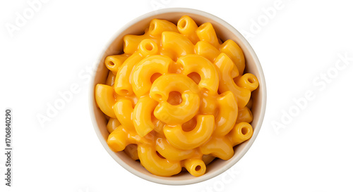 Ultra-realistic Kraft Dinner macaroni and cheese, elbow pasta coated in creamy bright orange cheese sauce, glossy texture, overhead close-up, isolated on pure white background with sharp studio food l