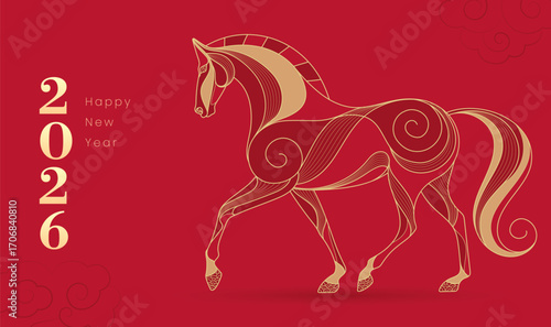Horizontal New Year illustration with linear Chinese patterns designed for the Year of the Horse