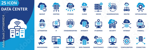 Data center icon set collection in flat style. Icon pack contains server,  storage,  router,  cloud,  backup,  security,  cyber,  internet,  hosting,  modernization,  virtualization,  automation