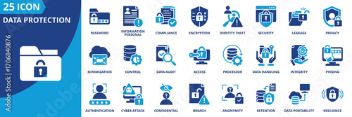 Data protection icon set collection in flat style. Icon pack contains cyber security,  encryption,  privacy,  compliance,  password,  access,  control,  authentication,  confidential, antivirus