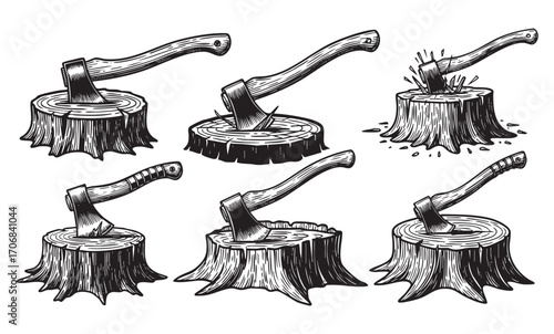 Wood slices with axe set engraving vector style