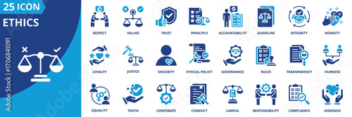 Ethics icon set collection in flat style. Icon pack contains integrity, honesty, values, principle, trust, fairness, respect, justice, rules,  accountability, transparency, responsibility, truth