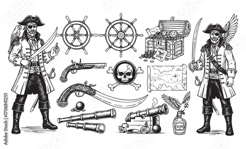 set of pirate, skull, treasure, sword, shipwheel engraving vector
