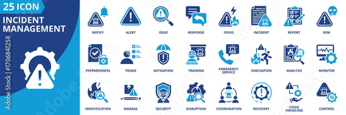 Incident management icon set collection in flat style. Icon pack contains alert, report, issue, response, risk, damage, monitor, disruption, recovery, security, crisis, triage, mitigation