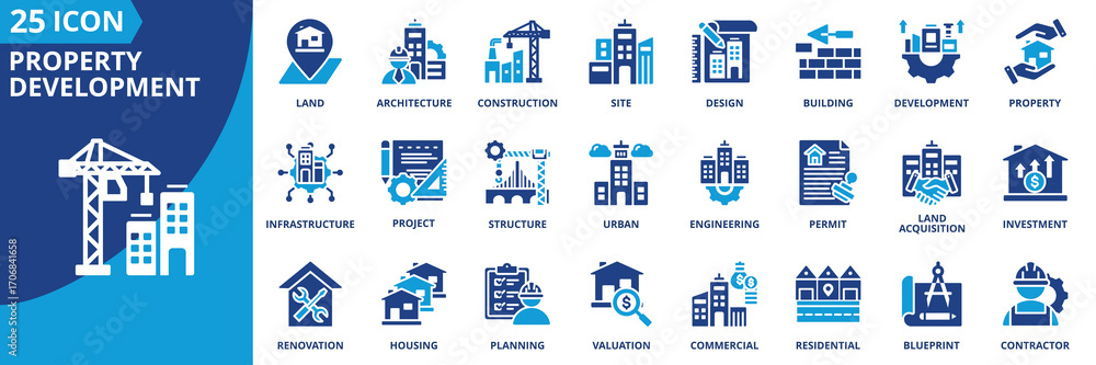 Fototapeta premium Property development icon set collection in flat style. Icon pack contains construction, building, architecture, design, land, site, permit, project, engineering, investment, infrastructure