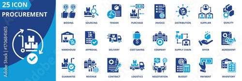 Procurement icon set collection in flat style. Icon pack contains purchase, supplier, contract, sourcing, invoice, tender, bidding, negotiation, supply chain, delivery, logistics, inventory