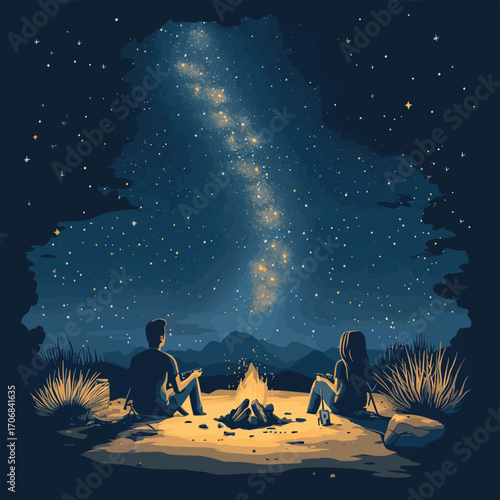 Couple stargazing in desert with telescopes and campfire under Milky Way galaxy at night , vector style simple color