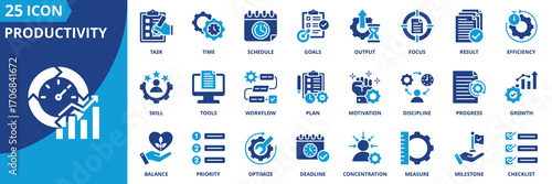Productivity icon set collection in flat style. Icon pack contains efficiency, focus, goals, time, output, result, schedule, task, workflow, plan, motivation, progress, discipline, tools, skills