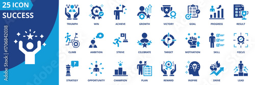 Success icon set collection in flat style. Icon pack contains goal, achieve, win, growth, progress, victory, result, triumph, target, reward, celebrate, motivation, strive, climb, lead, inspire