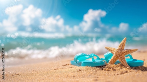 Two teal flip flop sandals partially buried in golden sands at the beach edge with a starfish beside them under clear bl