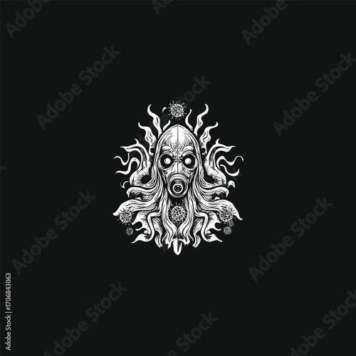 illustration of a gas mask surrounded by viral structures and flowing organic elements on a dark background. This detailed, vintage engraving style graphic evokes themes of pandemic, contamination