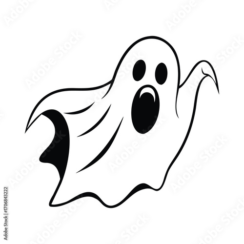 Spooky Ghost with Open Mouth, Halloween Character, Line Art isolated on a white background