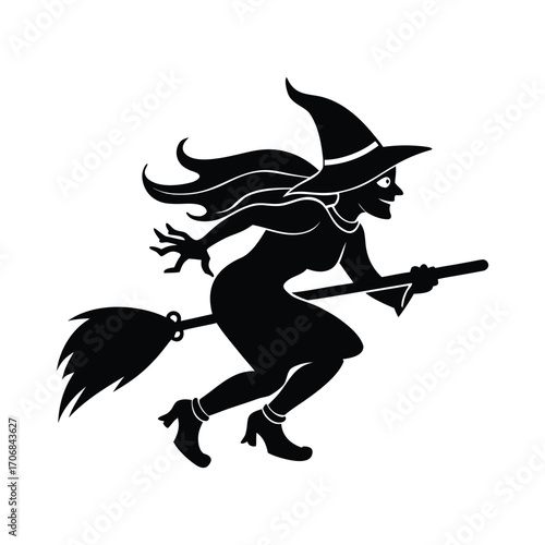 silhouette of a witch flying on a broom on a white background