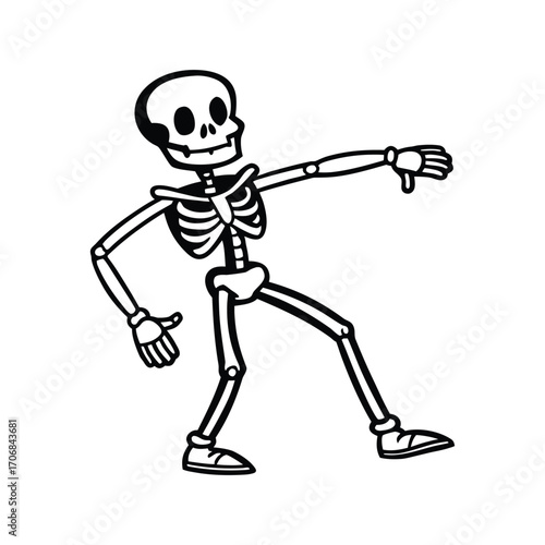 Cartoon Skeleton Dancing with Thumb Down  on white background