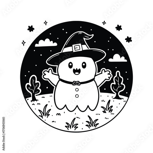 Charming Ghost in Witch Hat Illustration for Halloween