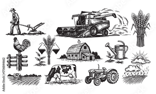 set of farm tractor, cow and barn hand drawn vector 