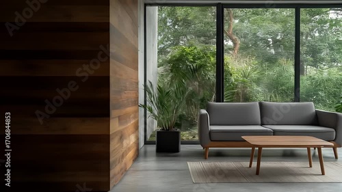 Modern living room with wooden wall and large windows