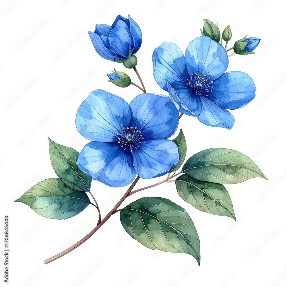 Fototapeta premium Azure Floral Elegance Isolated On White Background: A captivating watercolor illustration showcases delicate blue blossoms. This artistic image evokes serenity and the timeless beauty of nature.