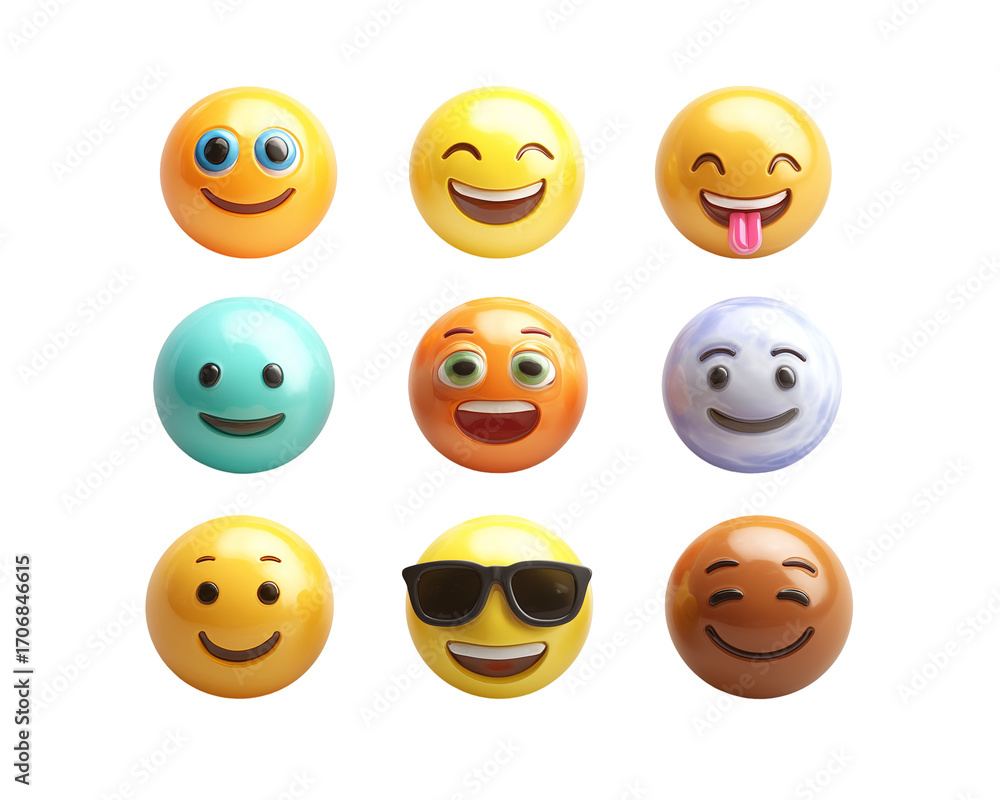 Fototapeta premium Nine colorful emoji spheres with various expressions