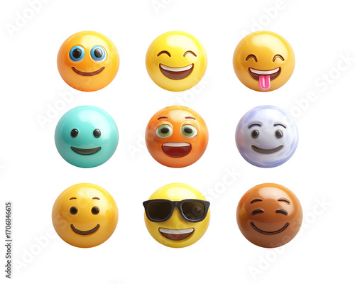 Nine colorful emoji spheres with various expressions