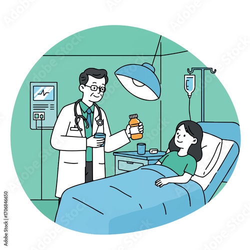 A caring doctor in a hospital room gives medication to a young female patient resting in bed.