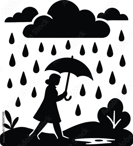 People with umbrellas in rainy weather illustration